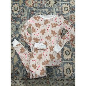 Bums & Roses Pajama Set Kids 9/10 Tan Gingerbread Bamboo Holiday EUC